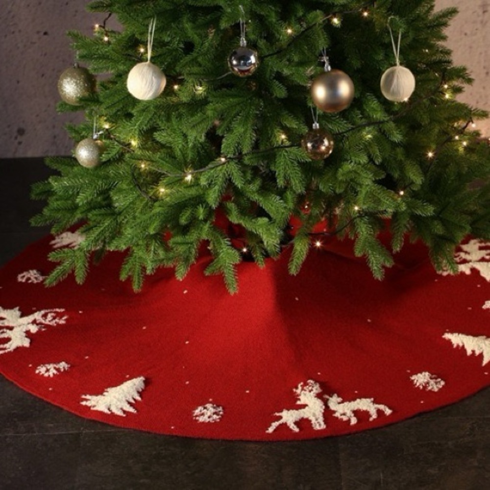 Festive Red Christmas Tree Skirt with White Accents